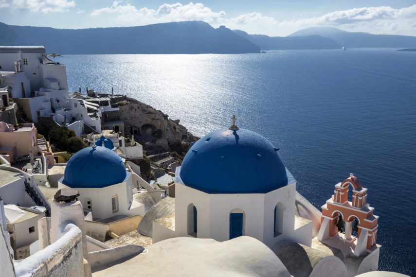 Blue and white church of Oia village ,Santorini